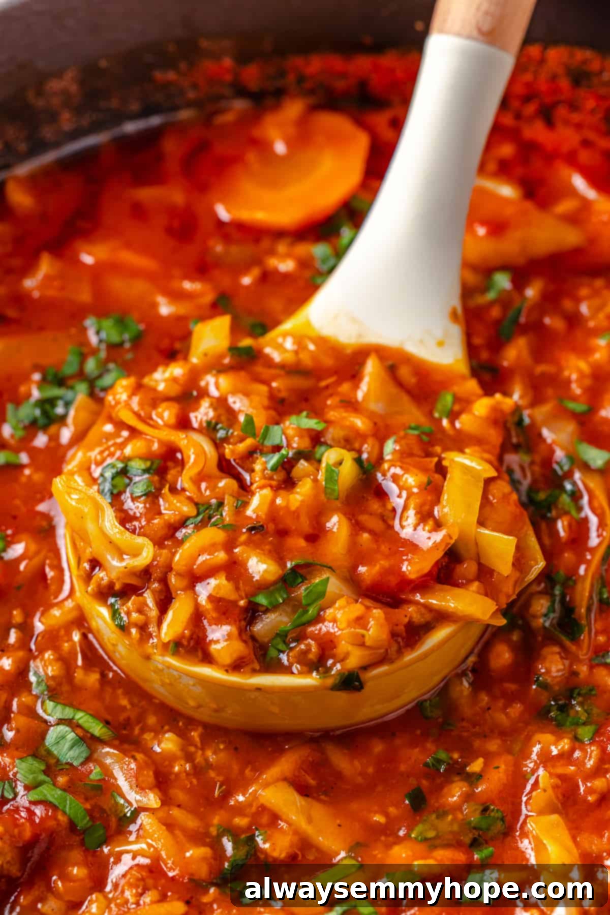 Satisfying cabbage roll soup is a filling meal in a bowl! Skip all the work and enjoy your cabbage rolls in the form of a hearty soup recipe. A close-up of a ladle filled with vibrant vegan cabbage roll soup, poised above the pot.