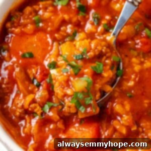 Lazy Cabbage Roll Soup 2 A close-up view of a spoonful of hearty vegan cabbage roll soup in a white bowl, ready to eat.