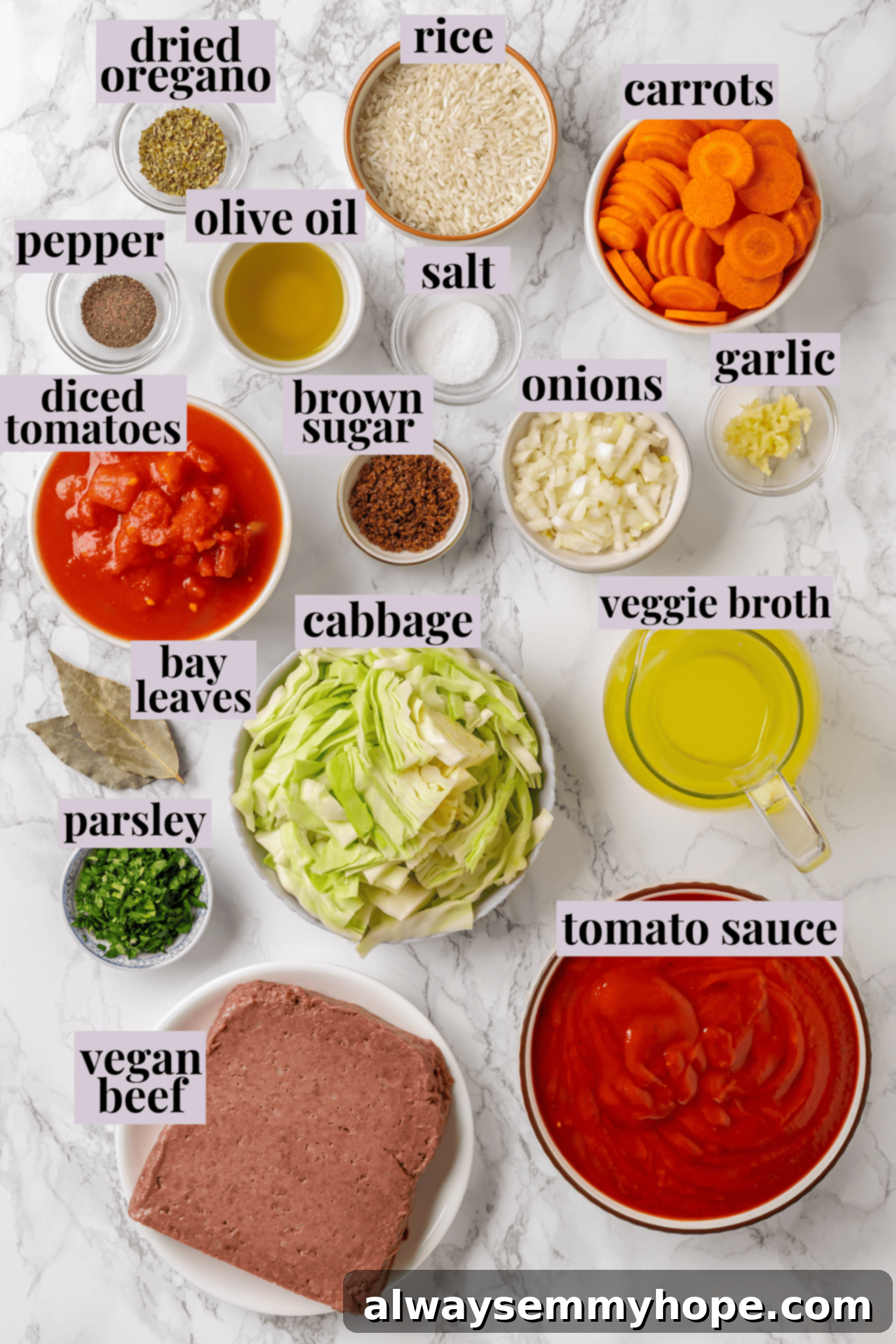 Satisfying cabbage roll soup is a filling meal in a bowl! Skip all the work and enjoy your cabbage rolls in the form of a hearty soup recipe. Overhead view of all the fresh, colorful ingredients laid out and labeled for preparing hearty cabbage roll soup.