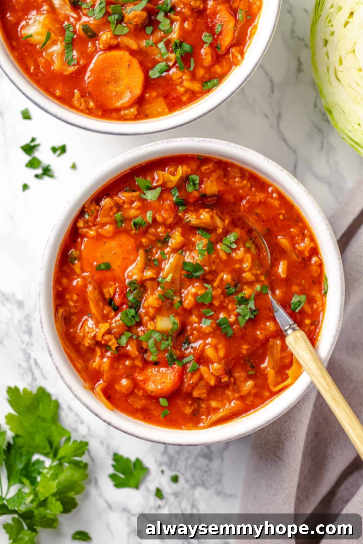 Satisfying cabbage roll soup is a filling meal in a bowl! Skip all the work and enjoy your cabbage rolls in the form of a hearty soup recipe. Overhead view of two white bowls filled with steaming vegan cabbage roll soup, garnished with fresh parsley.