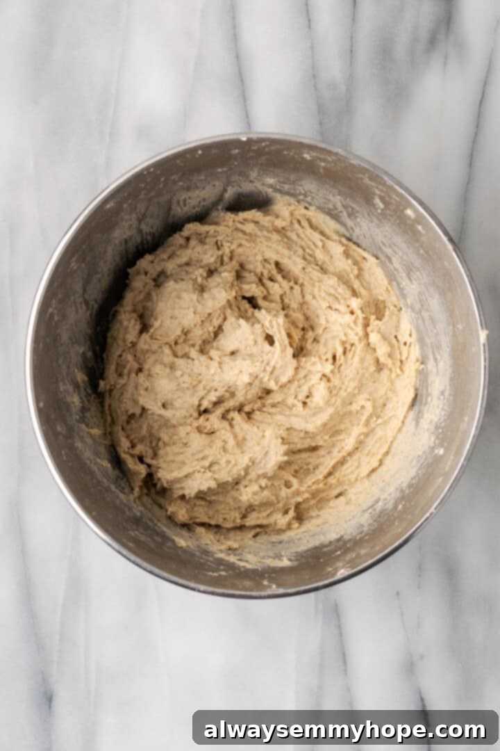 Overhead view of gluten-free bread dough in bowl