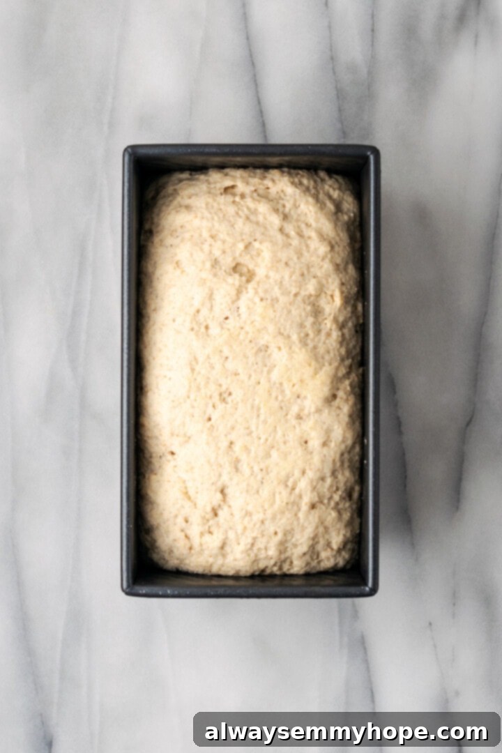 Overhead view of gluten-free dough in bread pan