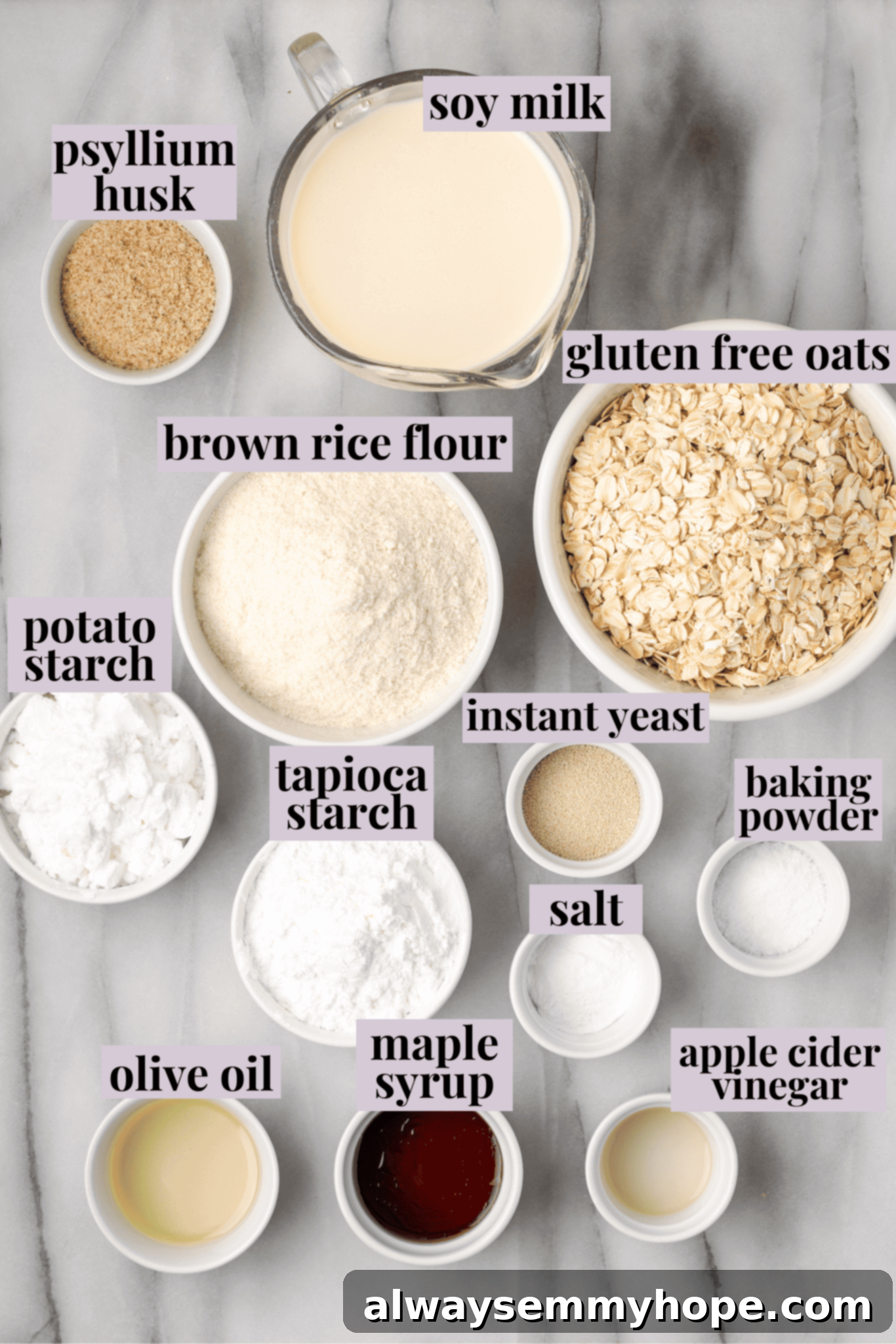 Overhead view of ingredients for gluten-free sandwich bread