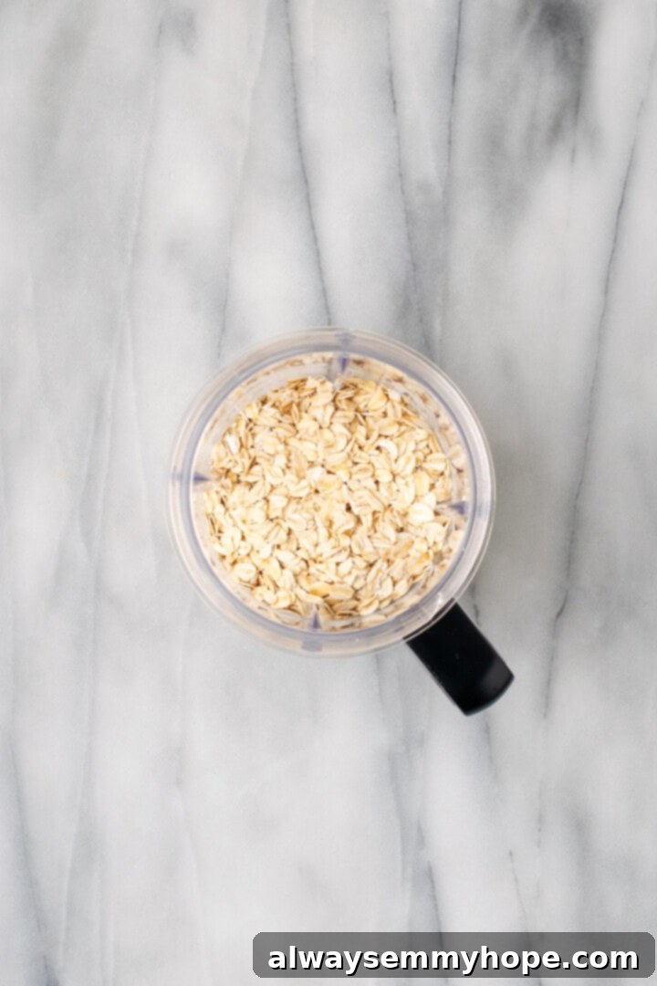 Overhead view of oats in small food processor