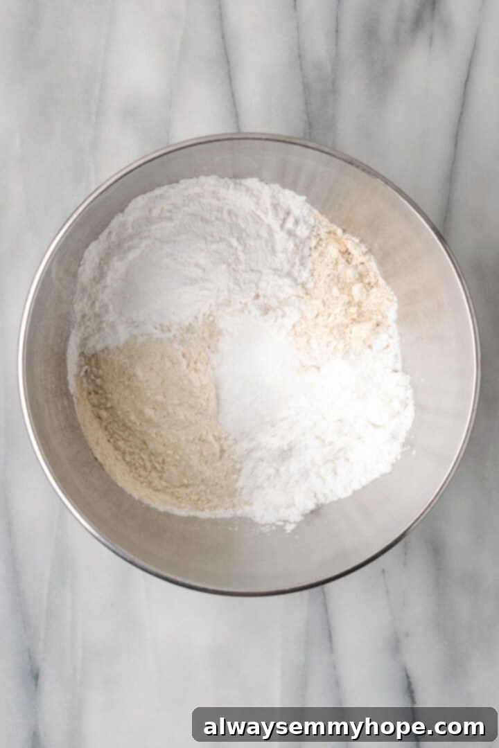Overhead view of dry ingredients in mixing bowl