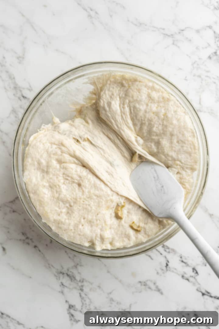 This crusty no-knead olive bread recipe is perfect for beginning bakers, but seasoned pros will love it too. Easy and delicious! Overhead view of spatula folding risen dough in a glass bowl, preparing it for shaping