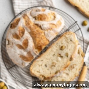 Mediterranean Olive Bread 2 Overhead view of olive bread on wire rack with two slices