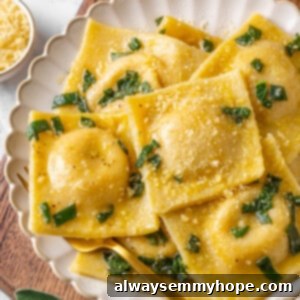 Golden Butternut Squash Ravioli 2 Overhead view of butternut squash ravioli on plate