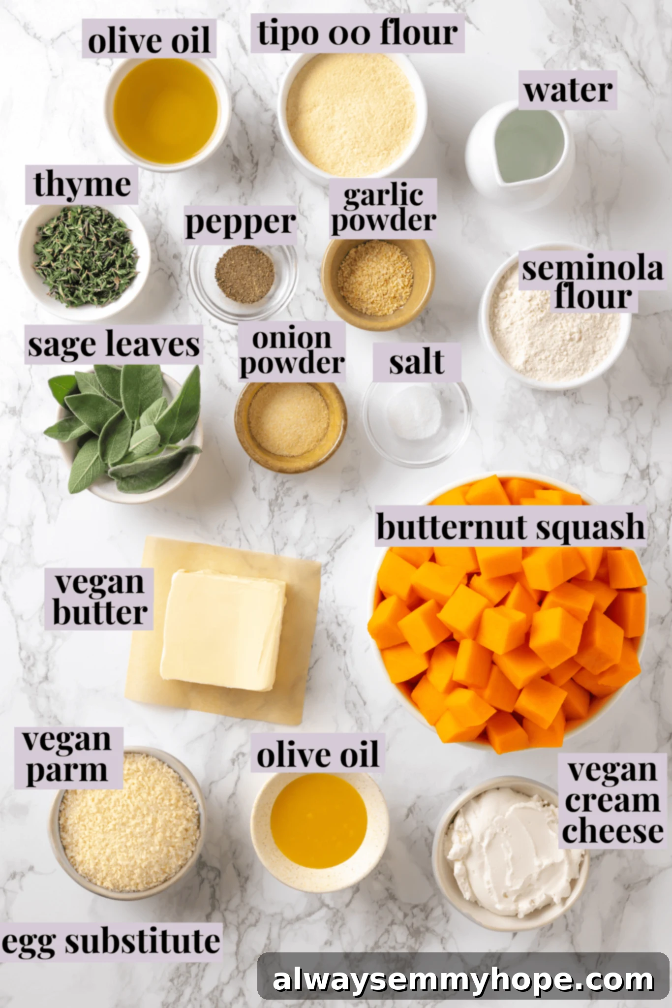 Butternut squash ravioli is fun to make at home and the results are delicious. Tender pasta pockets filled with creamy, caramelized squash! Overhead view of ingredients for butternut squash ravioli with labels