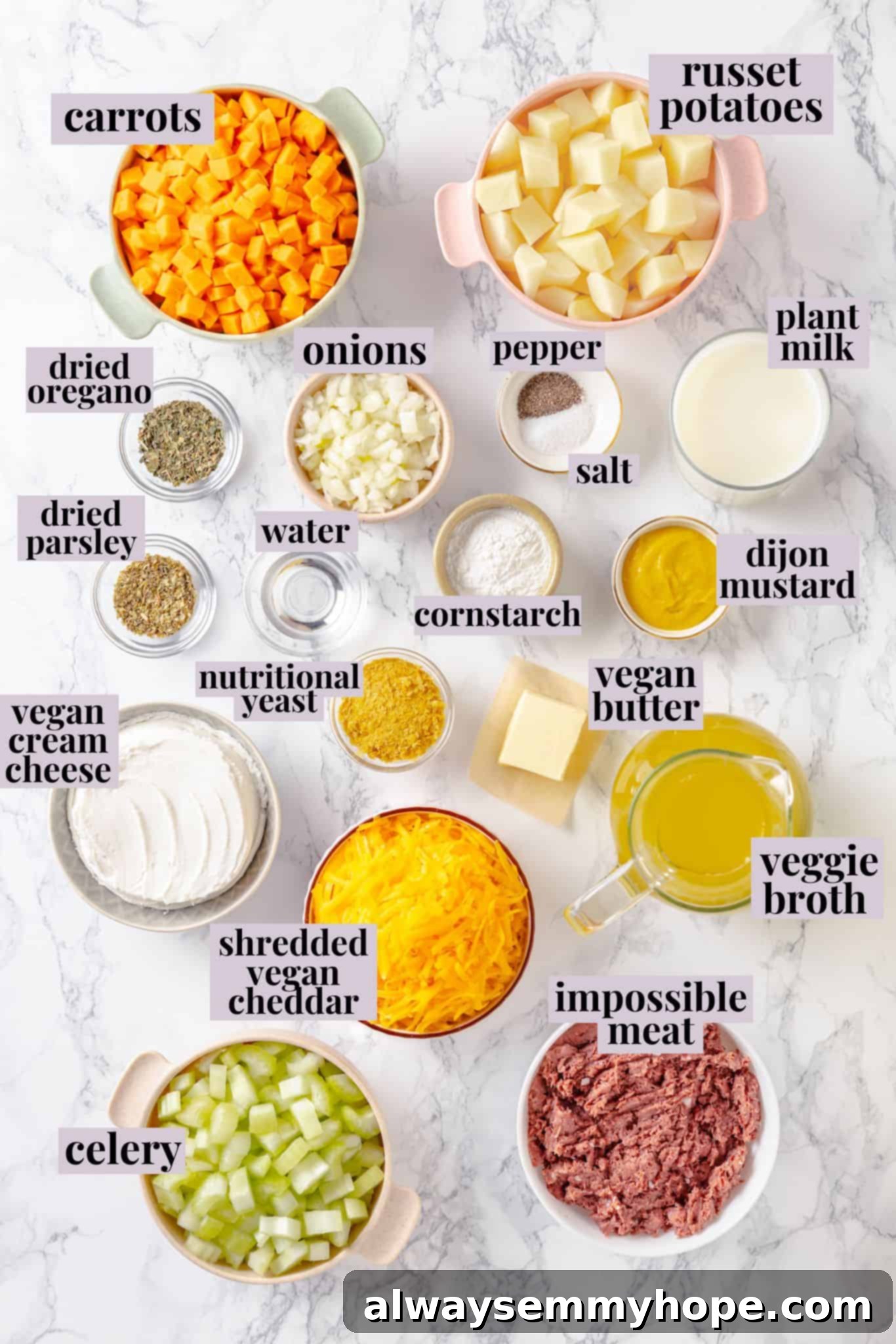 Hearty vegan cheeseburger soup is the ultimate comfort food meal, brimming with savory plant-based flavor and cheesy goodness. It’s like a burger in a bowl! Overhead view of cheeseburger soup ingredients with labels including vegan butter, impossible meat, potatoes, spices, vegetable broth, plant milk, and various vegan cheeses