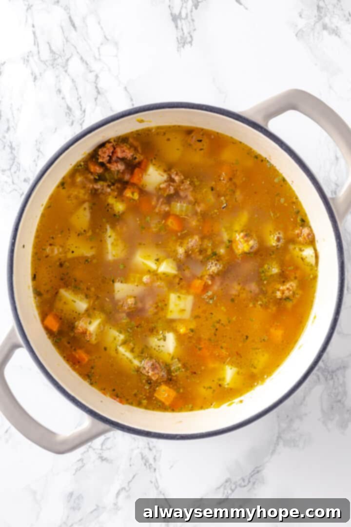 Hearty vegan cheeseburger soup is the ultimate comfort food meal, brimming with savory plant-based flavor and cheesy goodness. It’s like a burger in a bowl! Overhead view of cheeseburger soup after adding vegetable broth, simmering