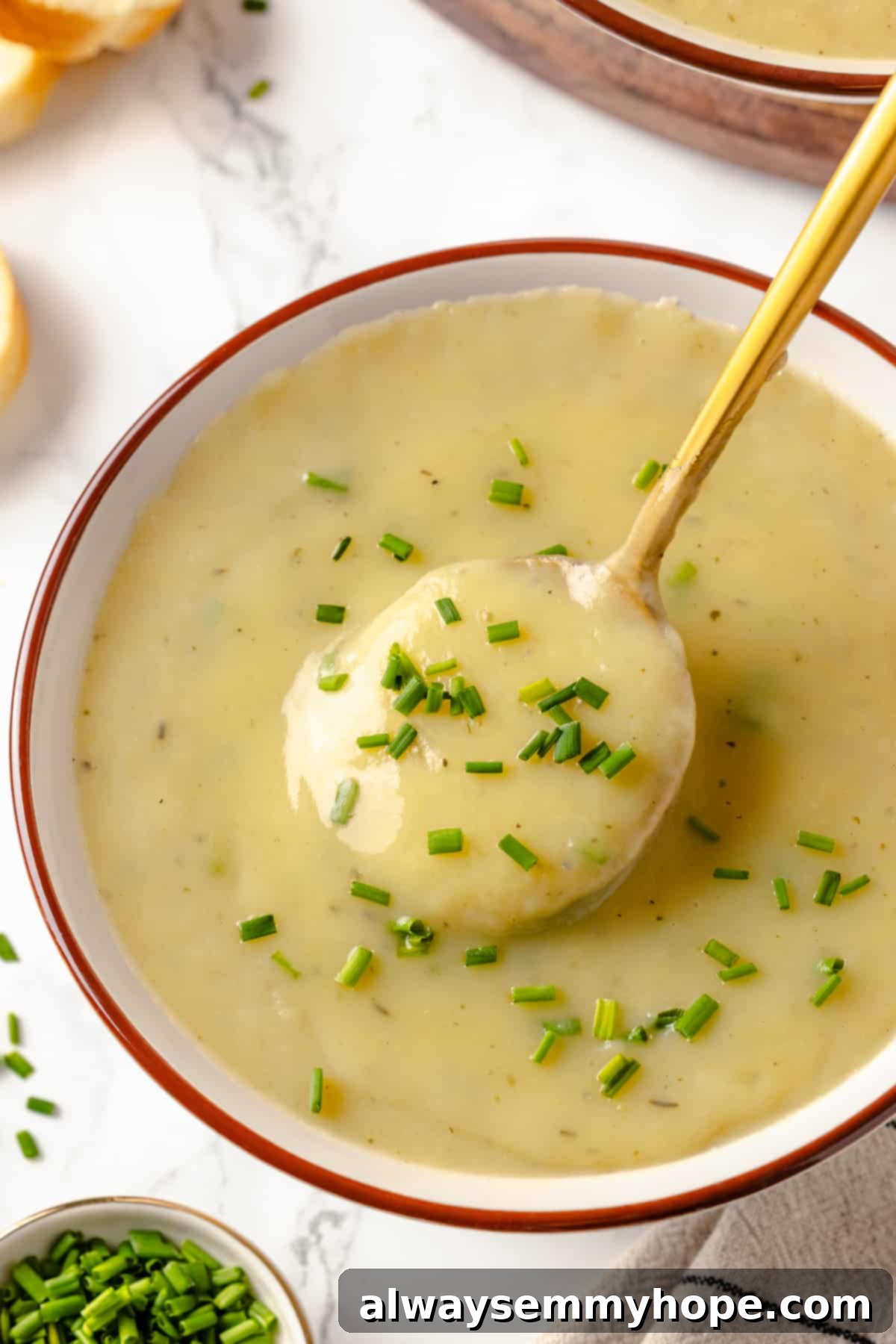 Smooth and creamy Vegan Vichyssoise, a classic French chilled leek and potato soup Smooth, delicately flavoured vegan vichyssoise in a white bowl with fresh chives