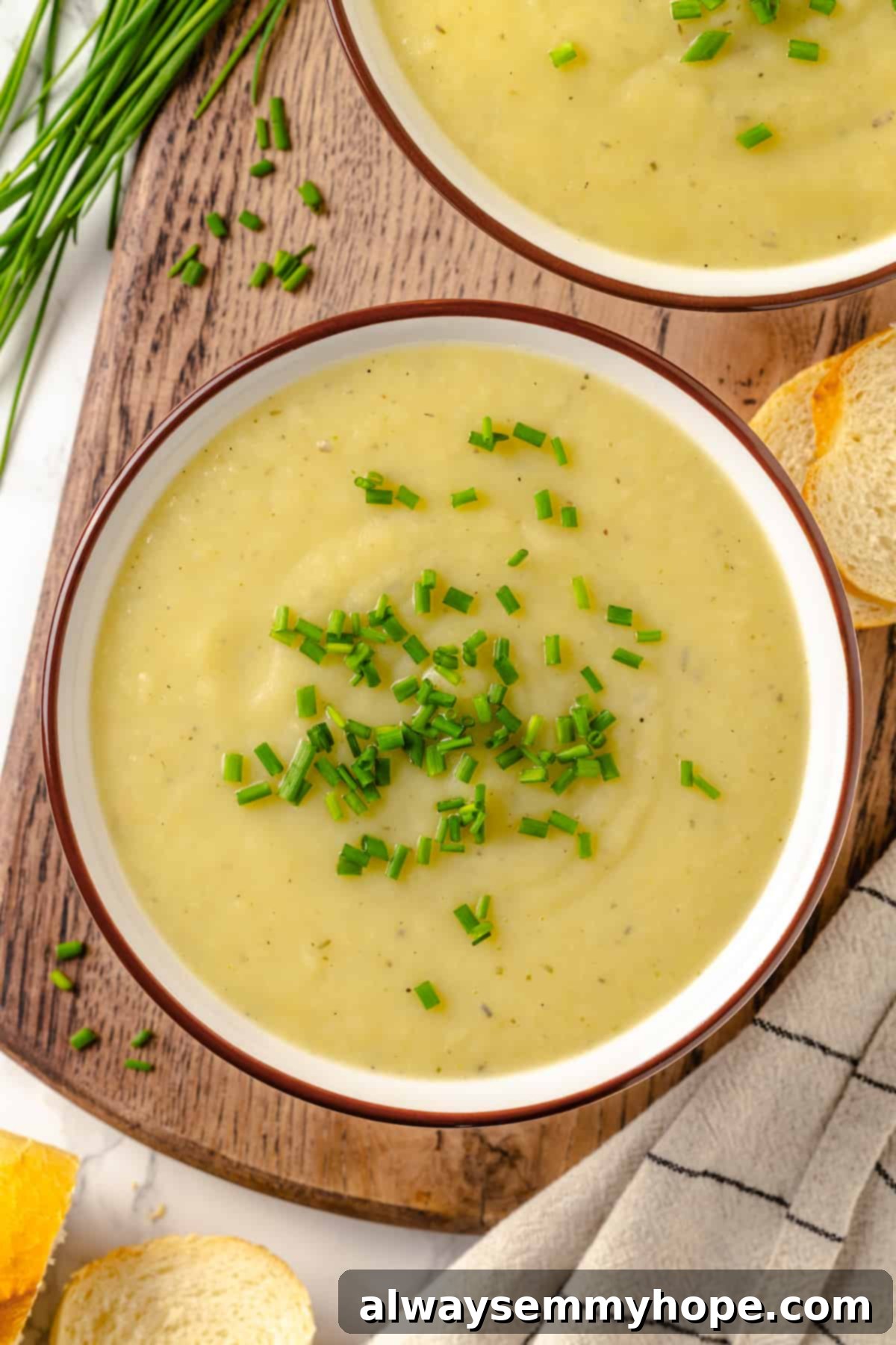 Delicious vegan vichyssoise ready to eat Overhead view of two bowls of vegan vichyssoise on a white tabletop, with a small spoon in one bowl.