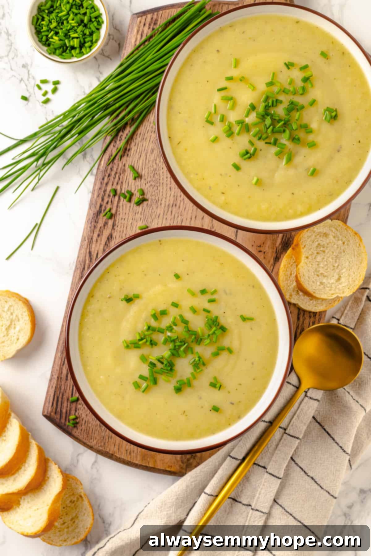 Two bowls of perfectly garnished vegan vichyssoise Overhead view of two pristine white bowls filled with vegan vichyssoise, garnished with fresh green chives.