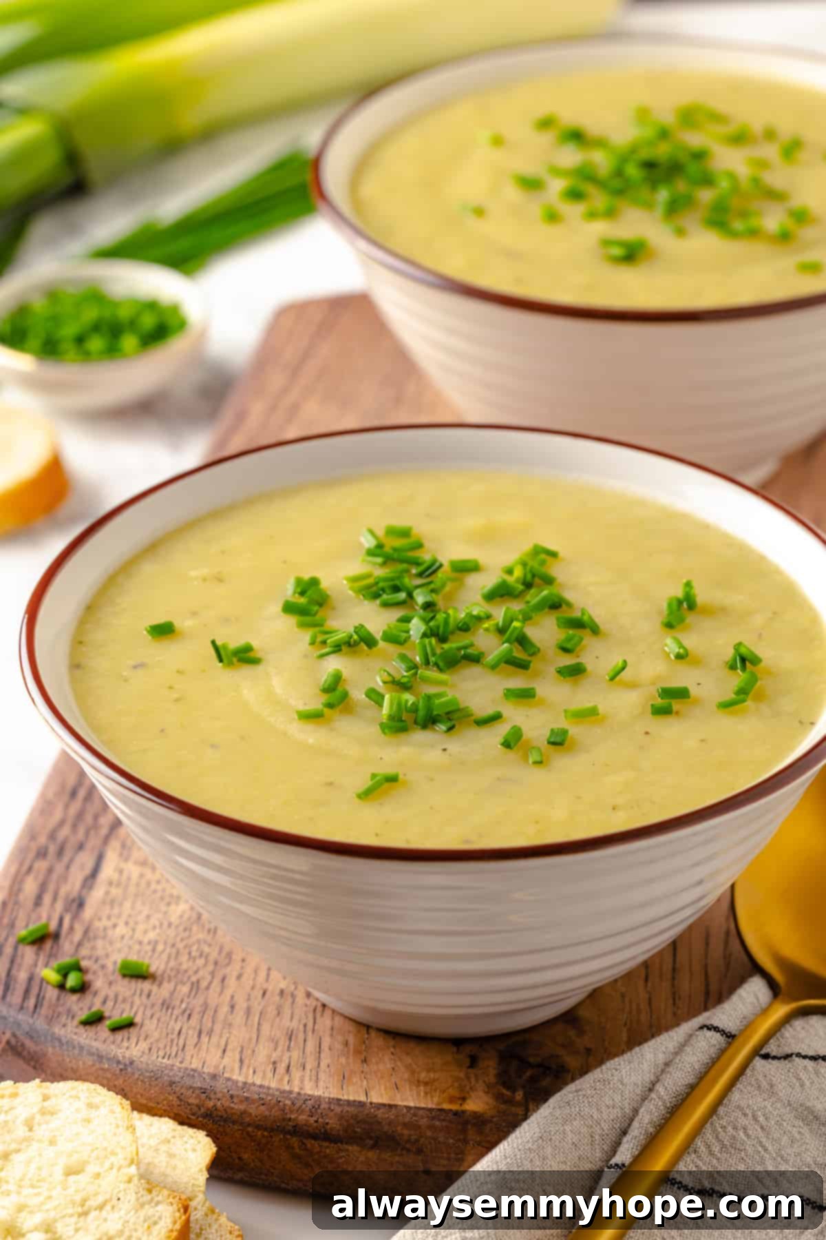 Serving vegan vichyssoise with chives Two white bowls of creamy vegan vichyssoise, garnished with fresh green chives, on a rustic wooden surface.