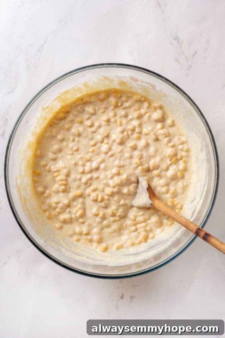Corn soufflé is a classic holiday side dish, but easy enough to make for a weeknight! You’ll love the sweet flavour and creamy texture. Overhead view of mixed corn soufflé batter in a glass bowl with a wooden spoon