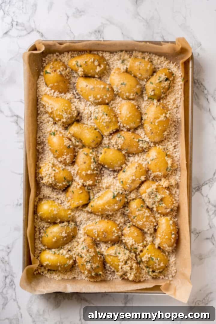 Potatoes arranged cut-side down on the Parmesan-coated baking sheet. Overhead view of Parmesan-crusted potatoes arranged on baking sheet before baking