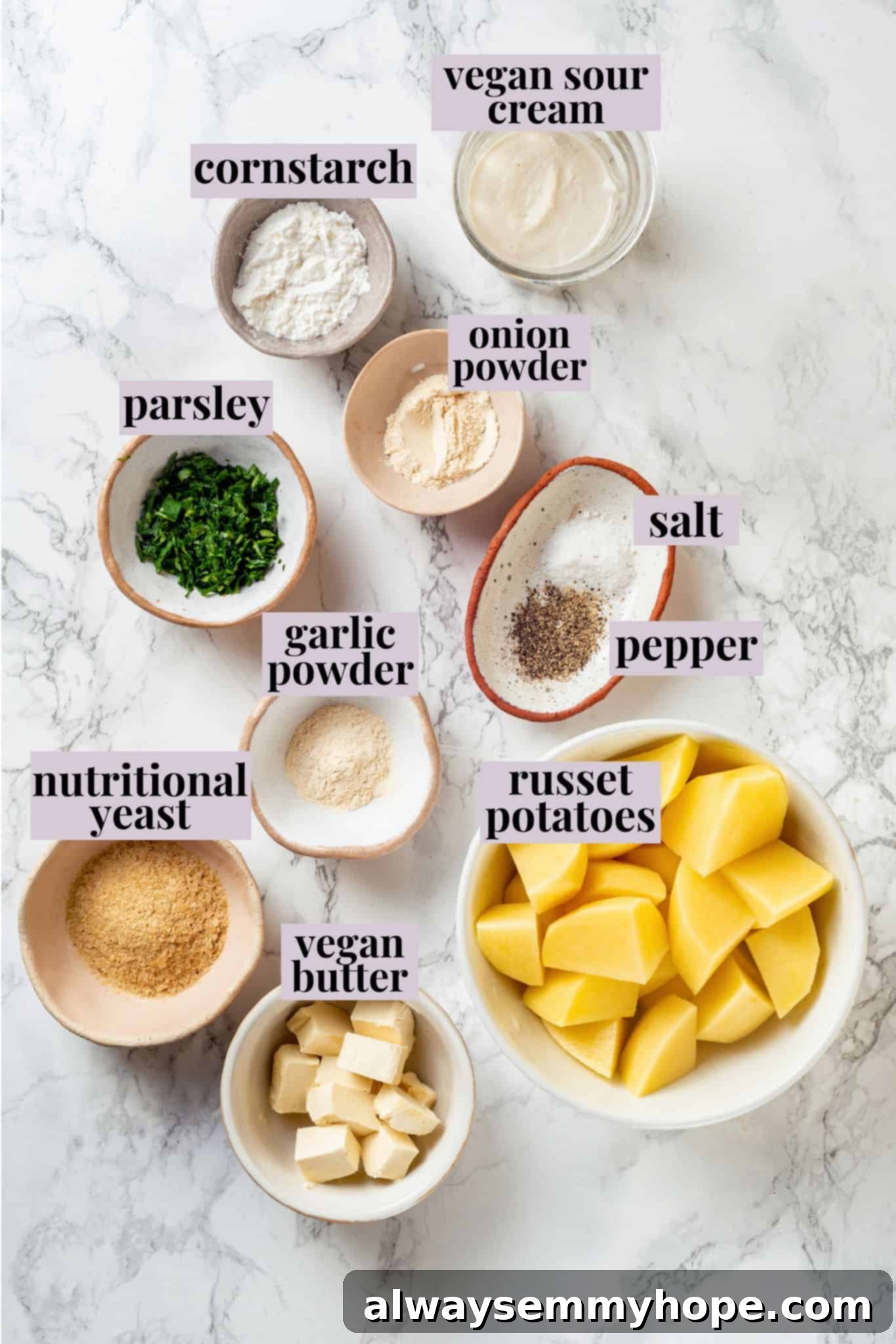 Overhead view of fresh ingredients for vegan duchess potatoes with labels