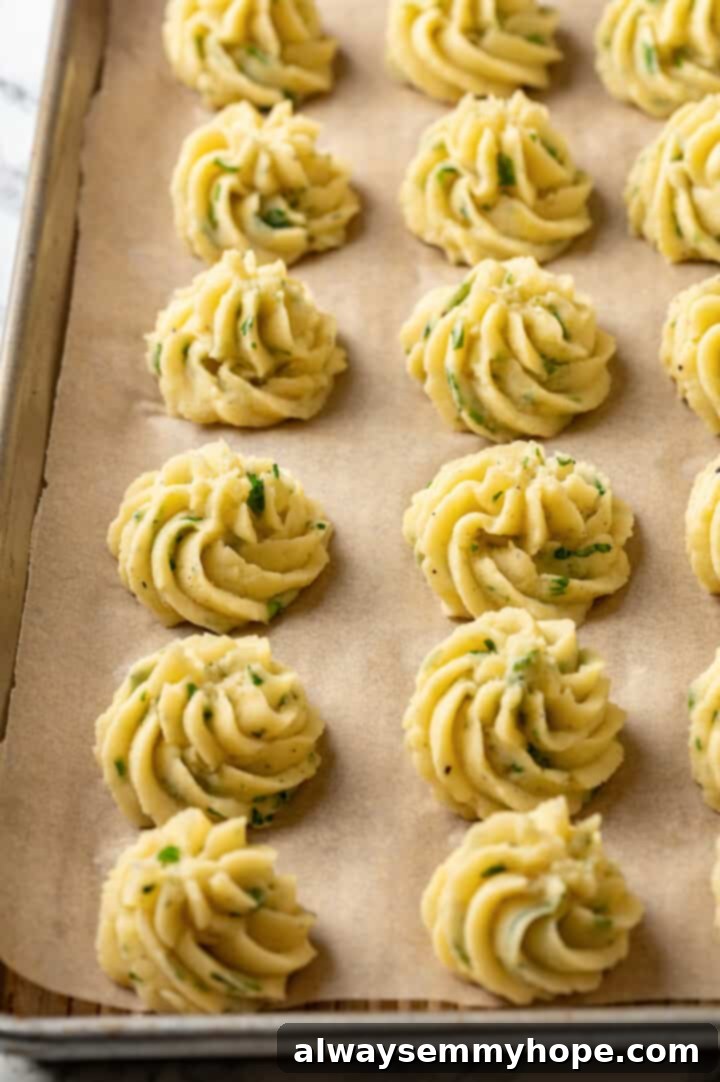 Unbaked duchess potato swirls neatly arranged on a baking sheet, ready for the oven