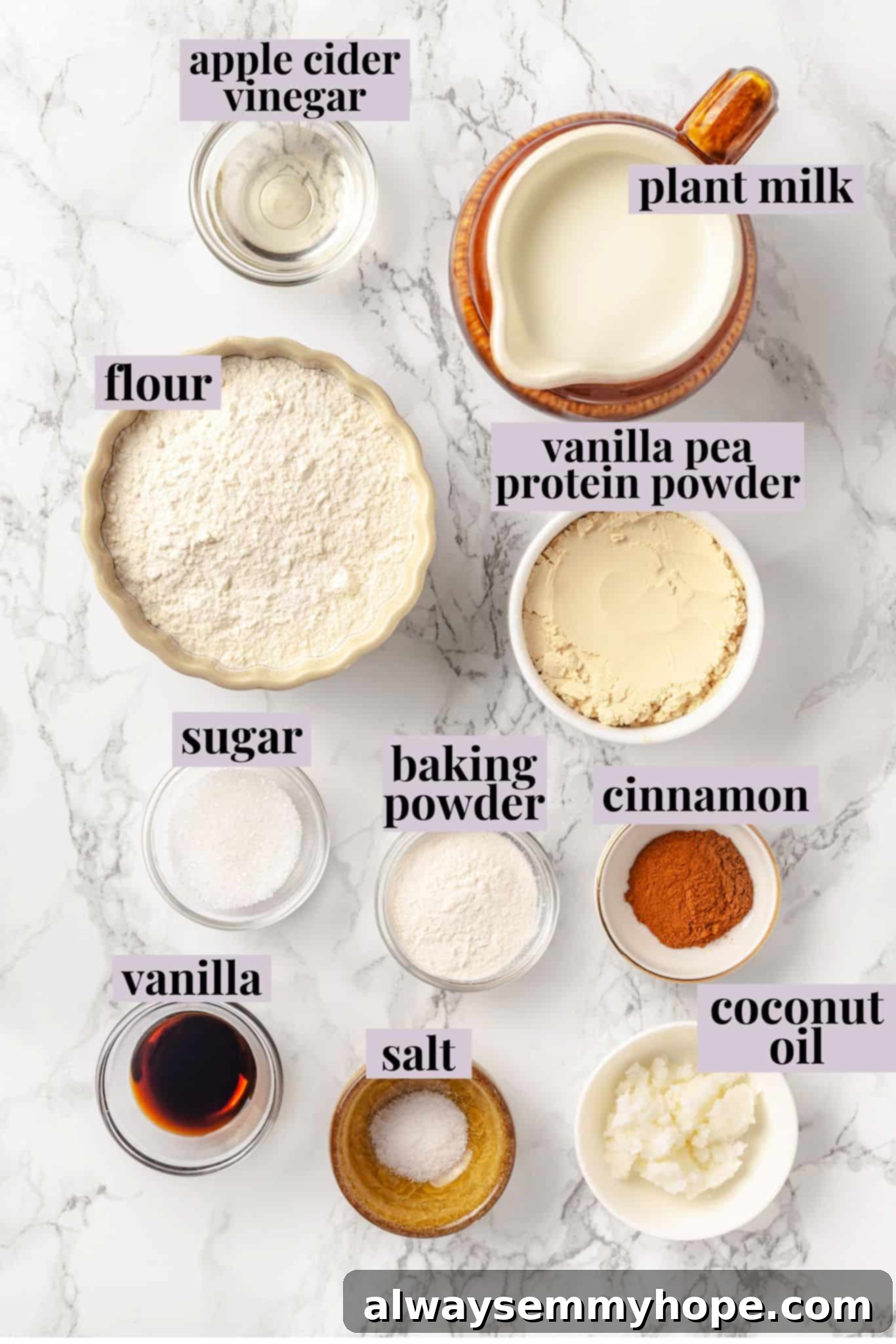 Overhead view of ingredients for protein pancakes