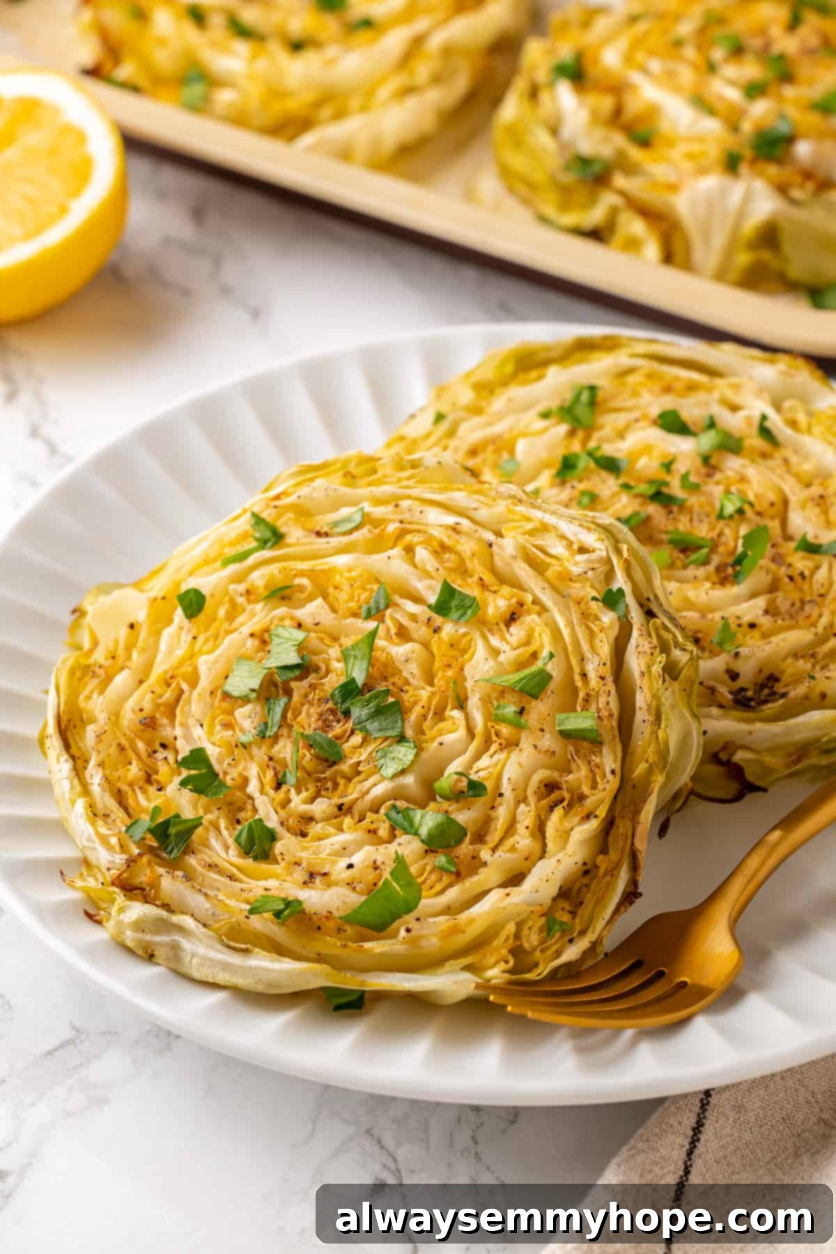 Two perfectly roasted cabbage steaks served on a white plate, garnished with fresh parsley.