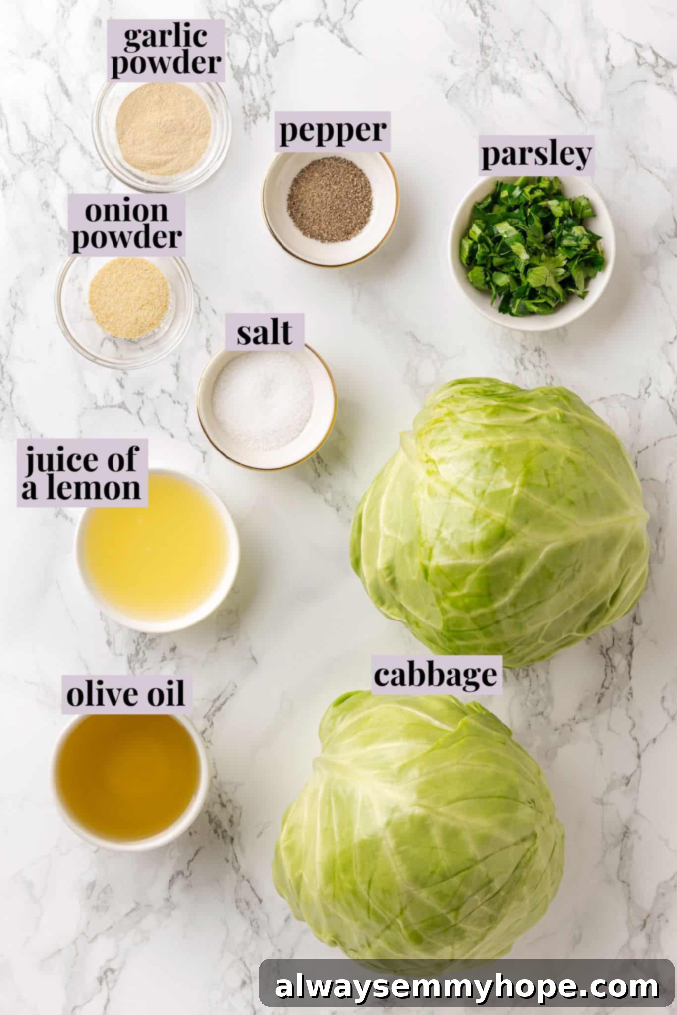 Overhead view of fresh ingredients for making cabbage steaks: a head of green cabbage, olive oil, spices, a lemon, and fresh parsley.