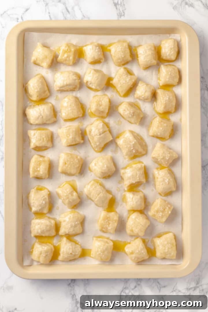 Homemade vegan pretzel bites are the snackable sibling to regular soft pretzels! They're perfect for game day parties and easy to make too. Unbaked pretzel bites neatly arranged on a parchment-lined baking sheet, ready for brushing and salting.