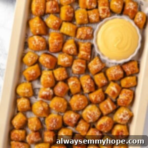 Soft Pretzel Bites 2 A sheet pan full of freshly baked, golden-brown vegan pretzel bites, with a savory cheese dip on the side.