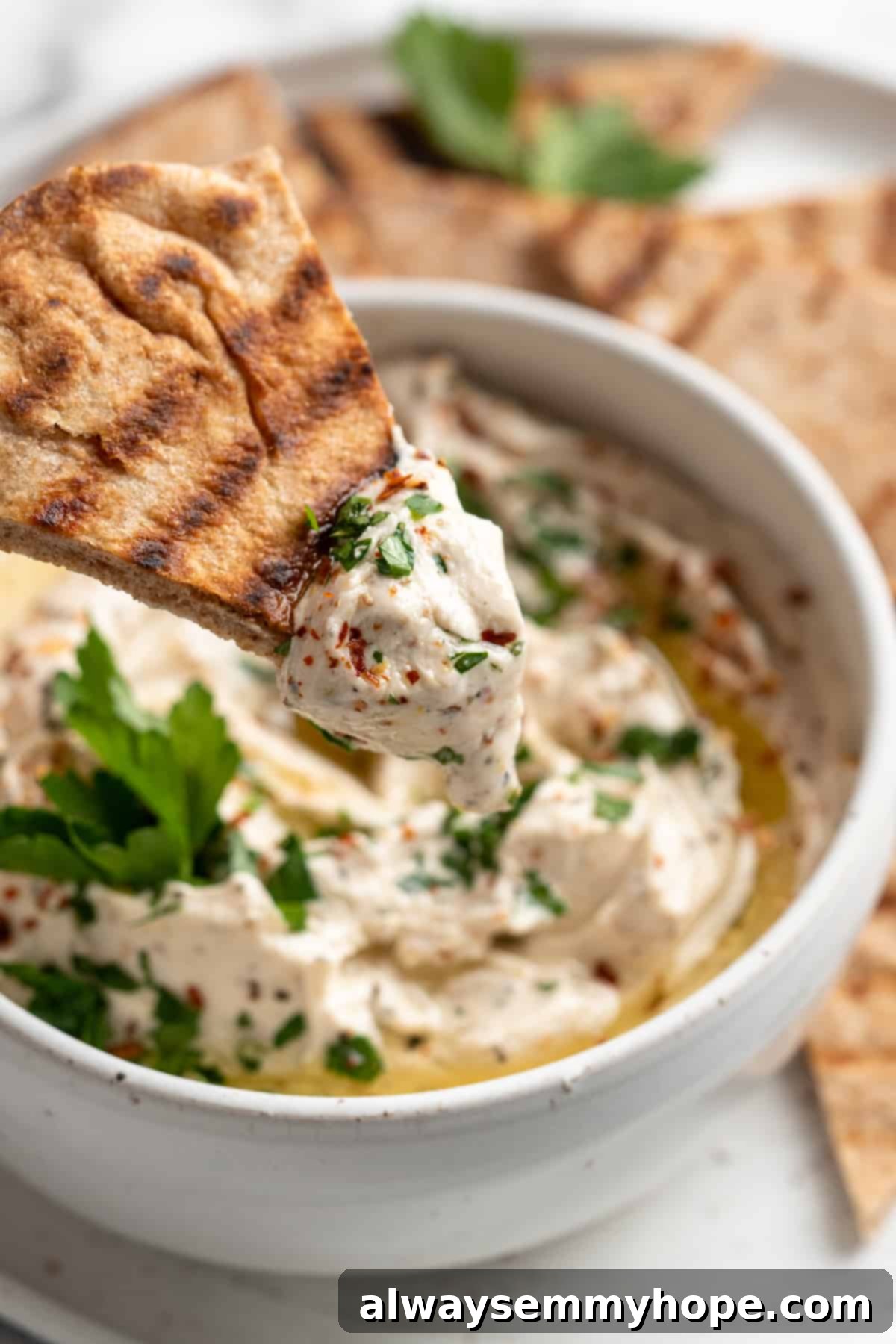 A hand holding a golden pita chip laden with creamy vegan whipped feta dip, hovering just above the serving bowl.