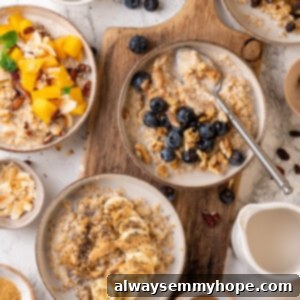 Effortless Instant Pot Steel Cut Oats 2 Overhead view of Instant Pot steel-cut oats in bowls, garnished with fruits