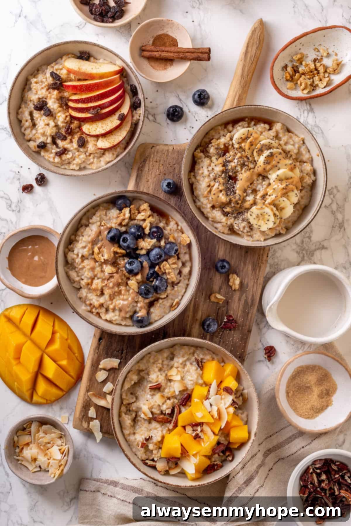 This Instant Pot steel-cut oats recipe is the easiest way to make hearty and creamy oatmeal for breakfast. Simple, hands-off recipe! Overhead view of 4 bowls of Instant Pot steel-cut oats, each with different vibrant toppings like berries, nuts, and mango
