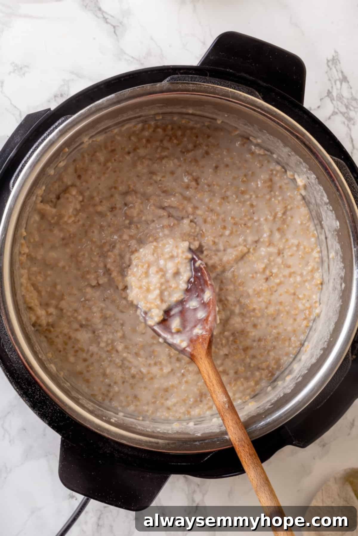 This Instant Pot steel-cut oats recipe is the easiest way to make hearty and creamy oatmeal for breakfast. Simple, hands-off recipe! Overhead view of Instant Pot steel-cut oats in a bowl with a wooden spoon, showcasing its creamy texture