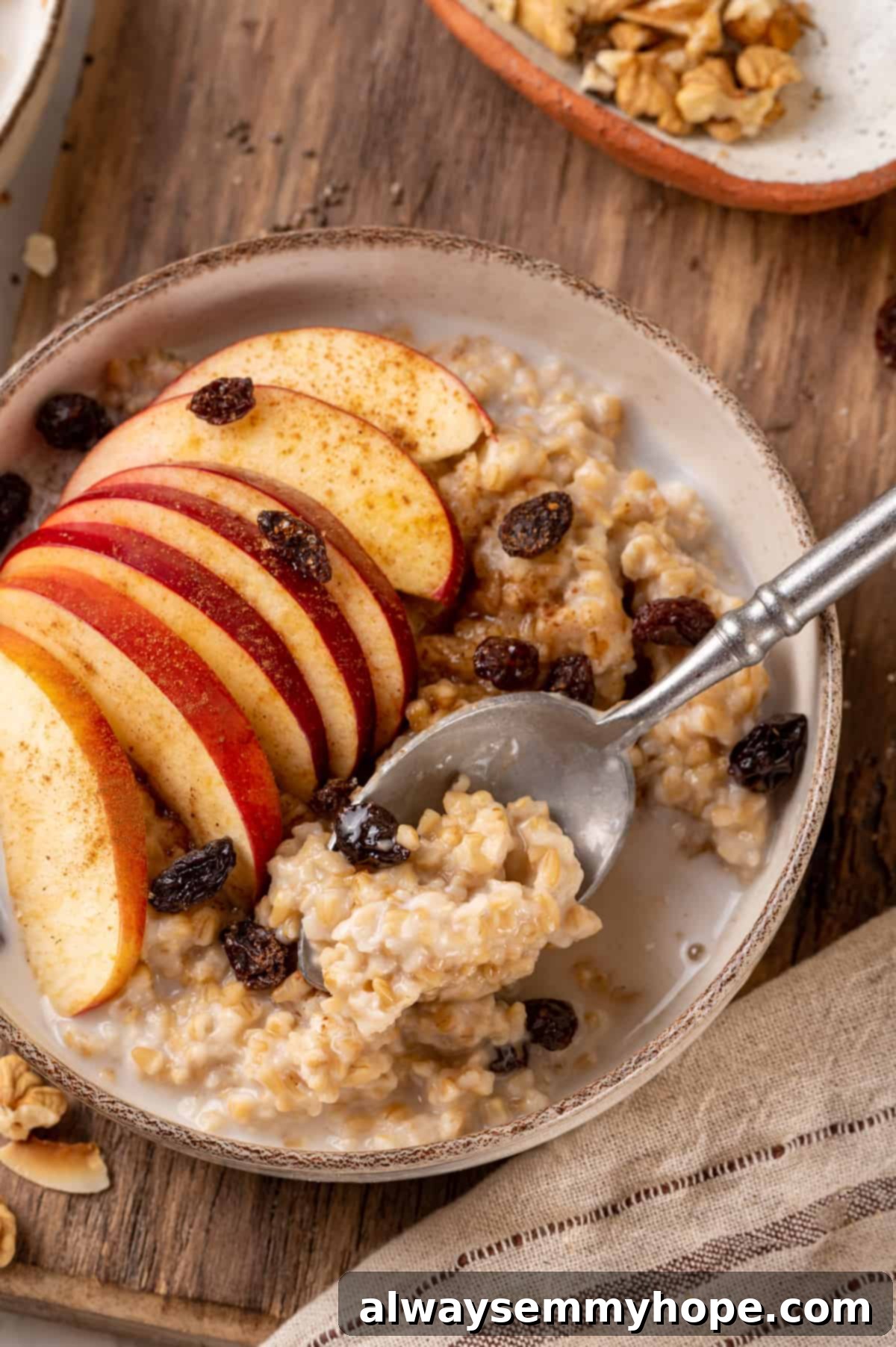 This Instant Pot steel-cut oats recipe is the easiest way to make hearty and creamy oatmeal for breakfast. Simple, hands-off recipe! Overhead view of apple cinnamon Instant Pot steel-cut oats in a bowl with a spoon, garnished with apple slices and cinnamon