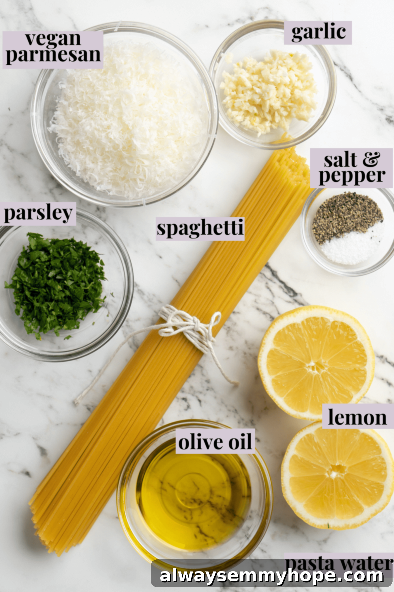 This lemon pasta recipe is light and flavourful, with bright lemon, plenty of garlic, and umami vegan Parmesan. An easy weeknight dinner! Overhead view of fresh ingredients for lemon pasta laid out with labels including spaghetti, olive oil, garlic, lemon, parsley, and vegan Parmesan.