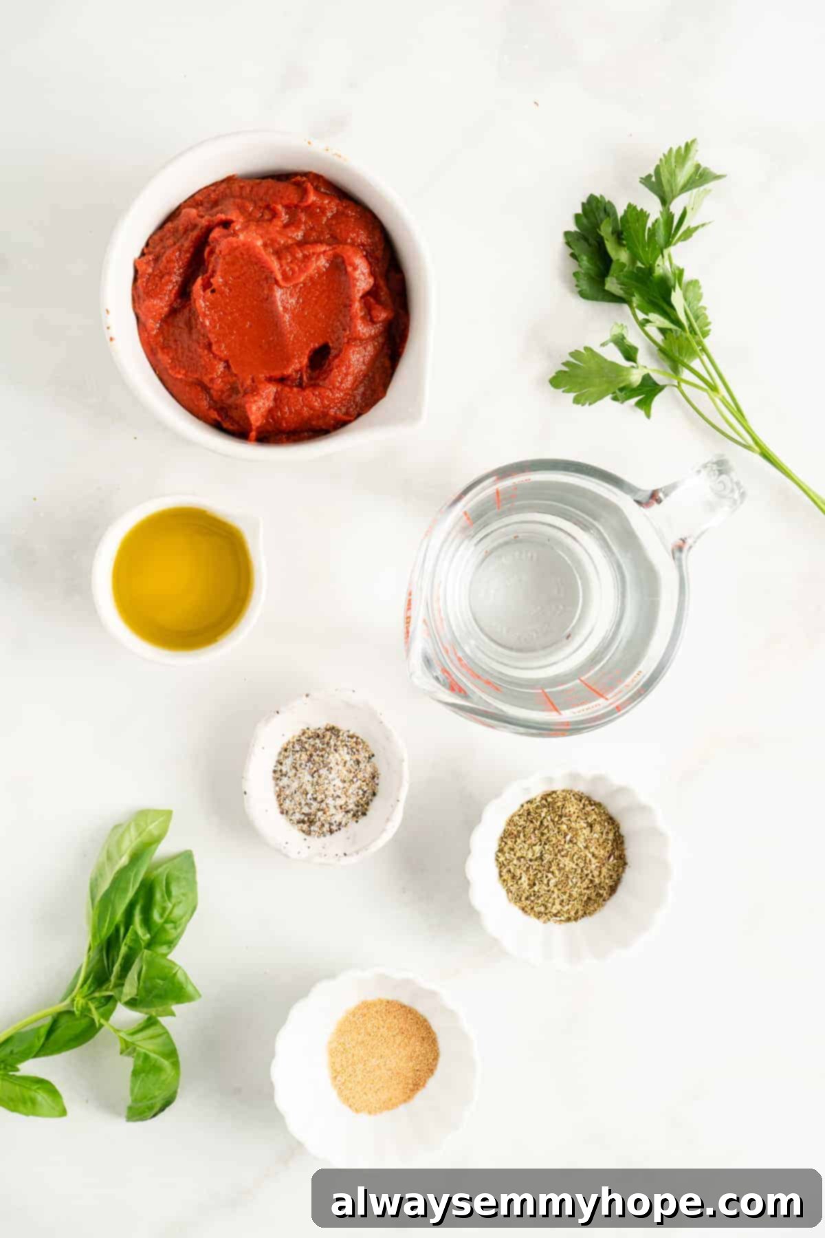 You won't believe how easy it is to make homemade marinara sauce! This recipe is ready to eat in 15 minutes. No peeling or chopping tomatoes! Overhead view of the simple ingredients needed for homemade marinara sauce: tomato paste, olive oil, herbs, and garlic powder.