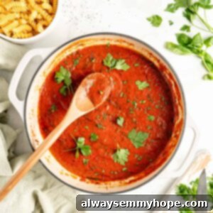 Craft Your Own Delicious Marinara Sauce 2 Overhead view of homemade marinara sauce in pot with parsley leaves scattered on top
