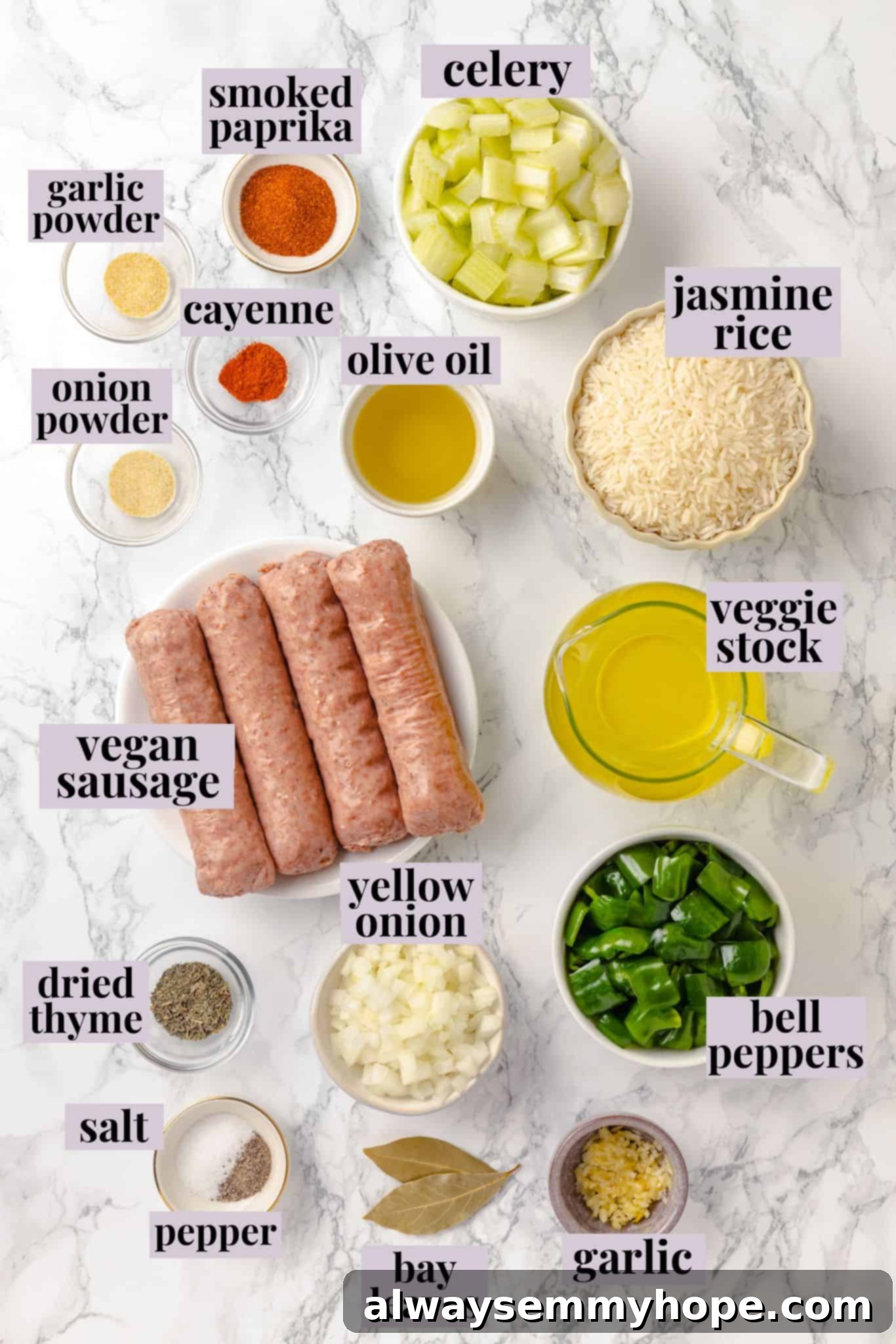 Overhead view showcasing all fresh ingredients laid out, ready for preparing the dirty rice recipe.