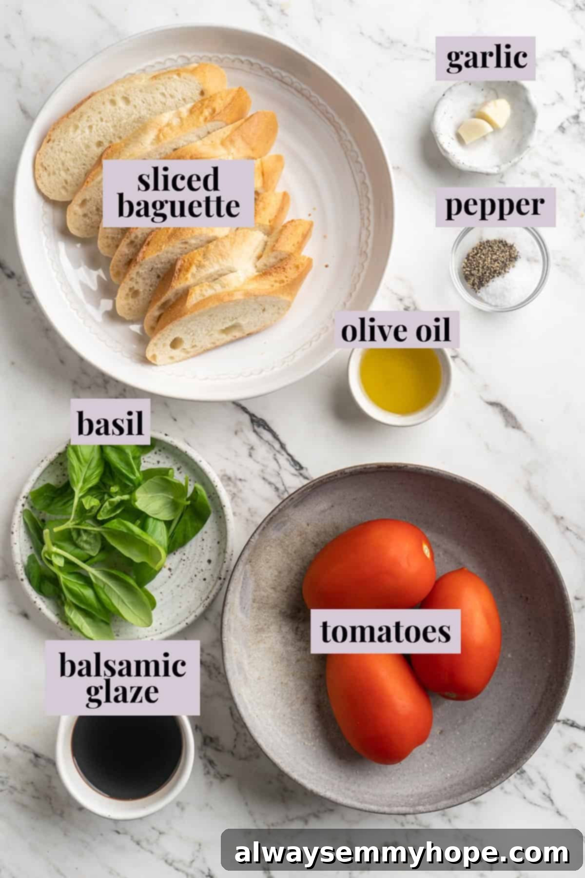 Arrangement of fresh ingredients for classic bruschetta, including tomatoes, olive oil, garlic, and balsamic vinegar, with labels for easy identification.