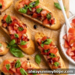 Overhead view of classic bruschetta on parchment paper