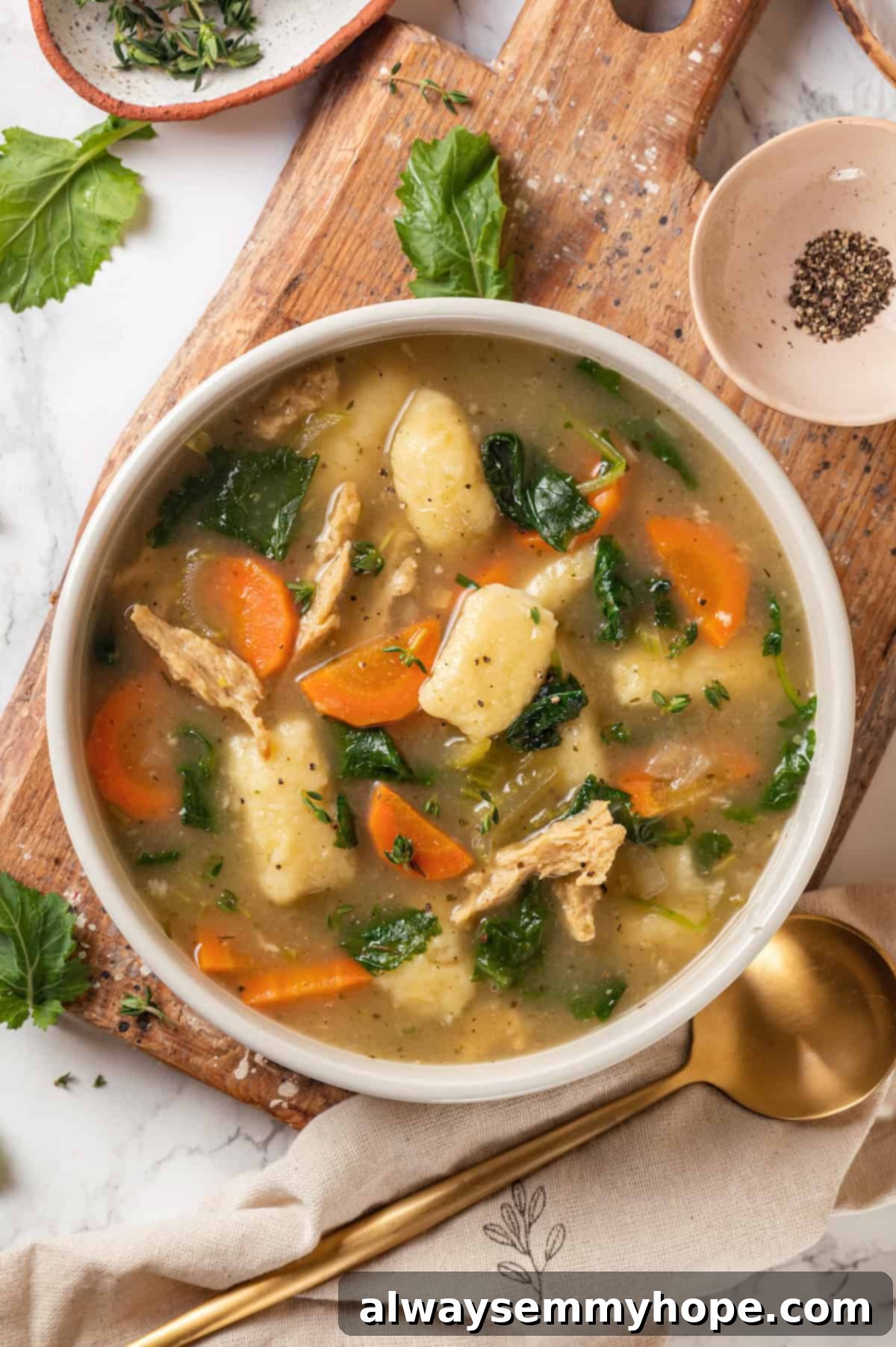 With kale, veggies, and lots of herbs and garlic, this easy gnocchi soup recipe is packed with flavour. It makes a hearty, satisfying meal! Hearty gnocchi soup in bowl on rustic wood board, steaming gently