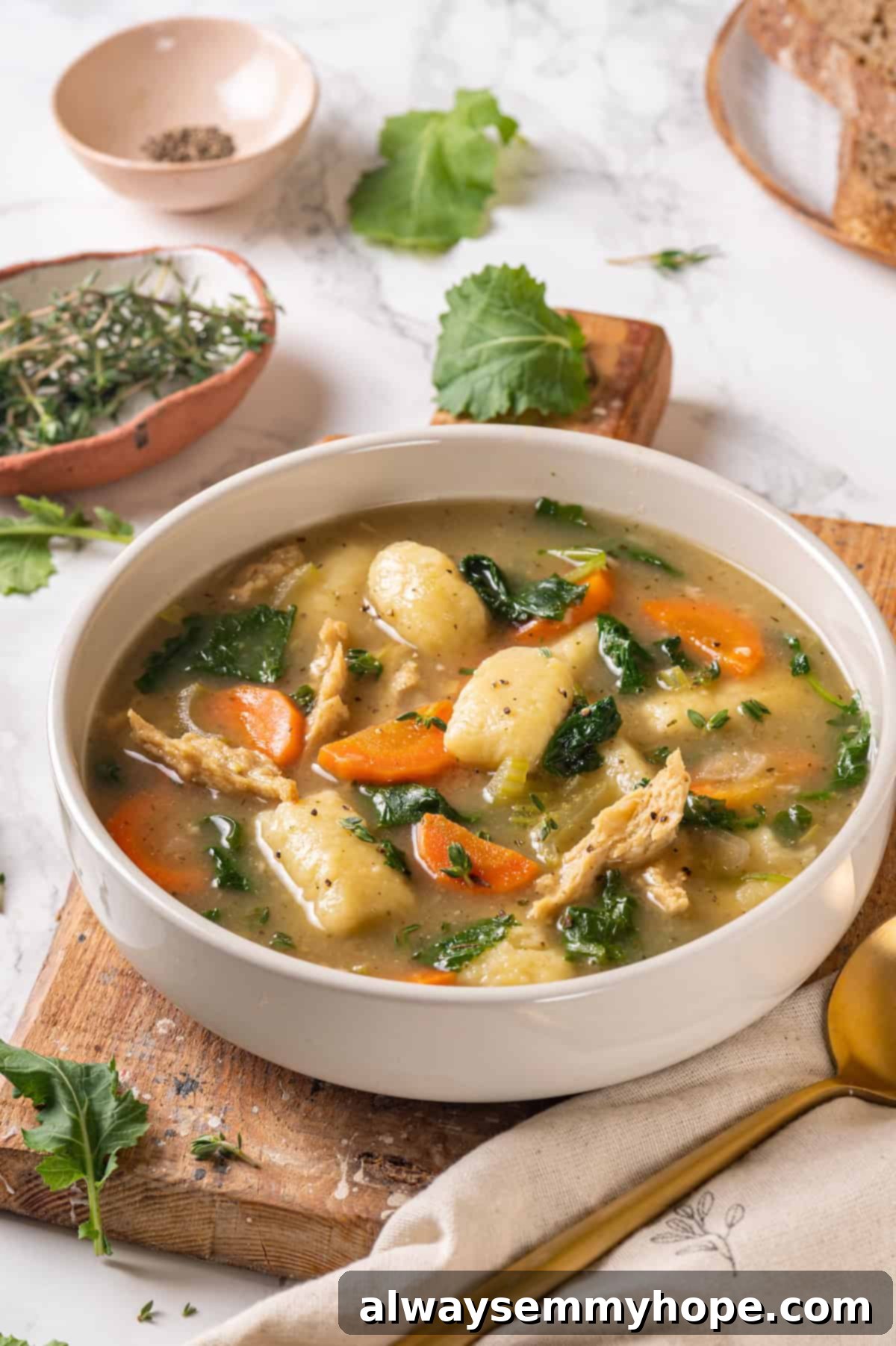 With kale, veggies, and lots of herbs and garlic, this easy gnocchi soup recipe is packed with flavour. It makes a hearty, satisfying meal! Bowl of gnocchi soup with kale and vegan chicken, garnished with fresh herbs