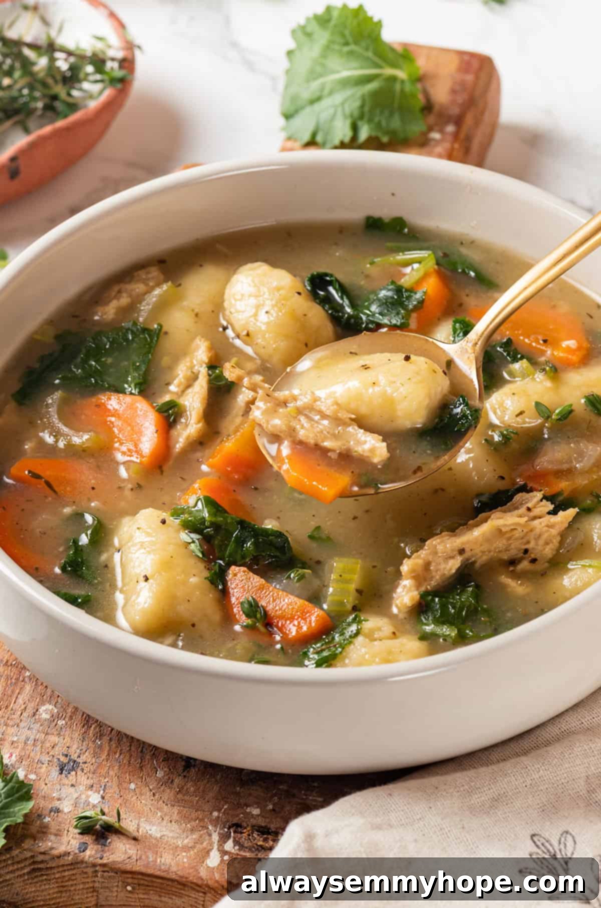 With kale, veggies, and lots of herbs and garlic, this easy gnocchi soup recipe is packed with flavour. It makes a hearty, satisfying meal! Bowl of delicious vegan gnocchi soup, showcasing the fluffy gnocchi, vibrant kale, and tender vegan chicken pieces