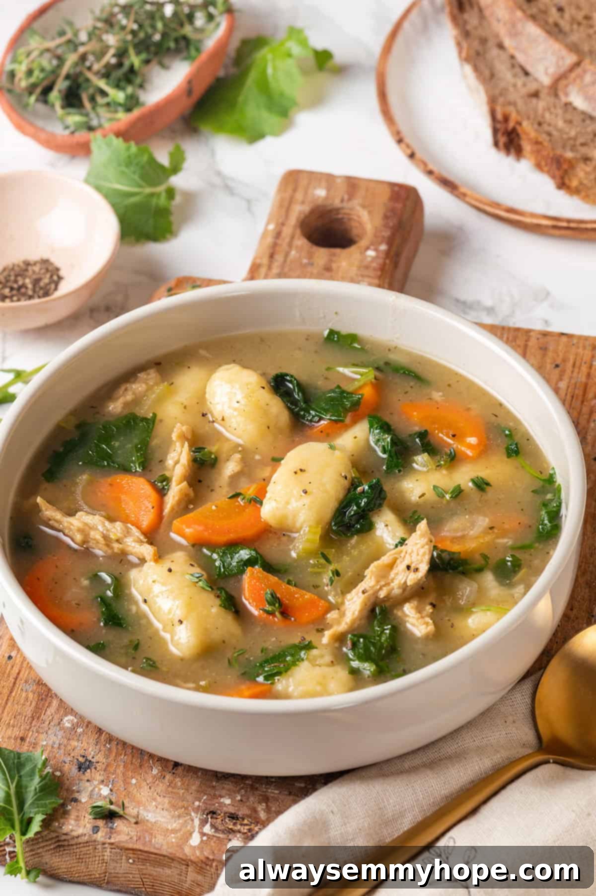 With kale, veggies, and lots of herbs and garlic, this easy gnocchi soup recipe is packed with flavour. It makes a hearty, satisfying meal! Close-up of hearty vegan gnocchi soup with vibrant green kale, ready to be served