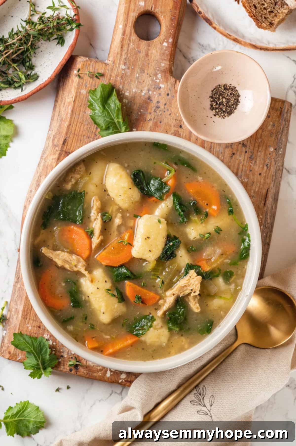 With kale, veggies, and lots of herbs and garlic, this easy gnocchi soup recipe is packed with flavour. It makes a hearty, satisfying meal! Overhead view of a steaming bowl of vegan gnocchi soup, garnished and ready to eat, placed on a rustic wood board