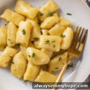 Overhead view of vegan gnocchi in bowl with fork