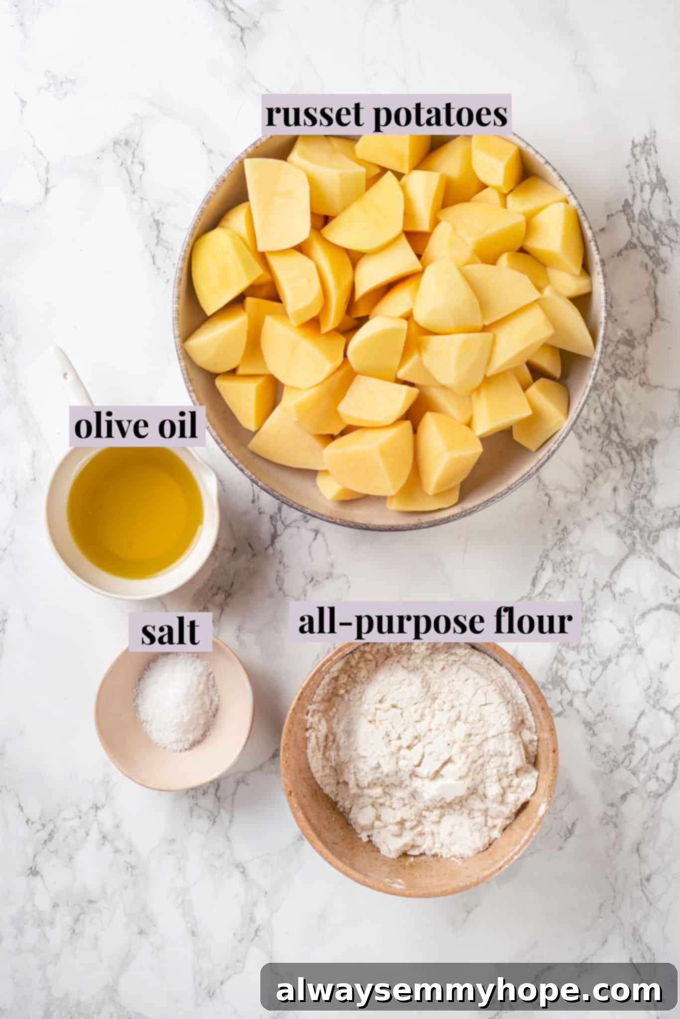 Overhead view gnocchi recipe ingredients with labels