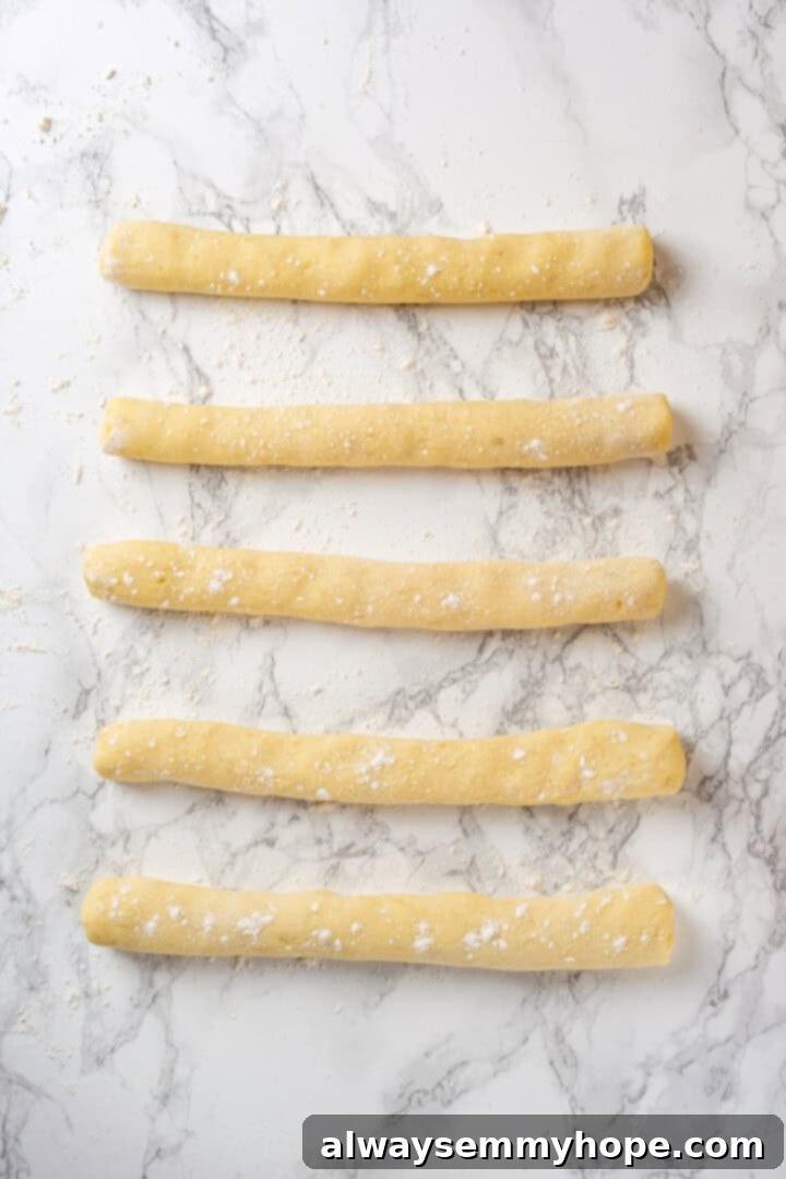 Overhead view of gnocchi dough rolled into ropes