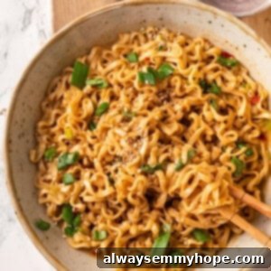 Overhead view of peanut butter ramen in bowl