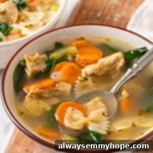 Vegan chicken noodle soup in bowl with spoon