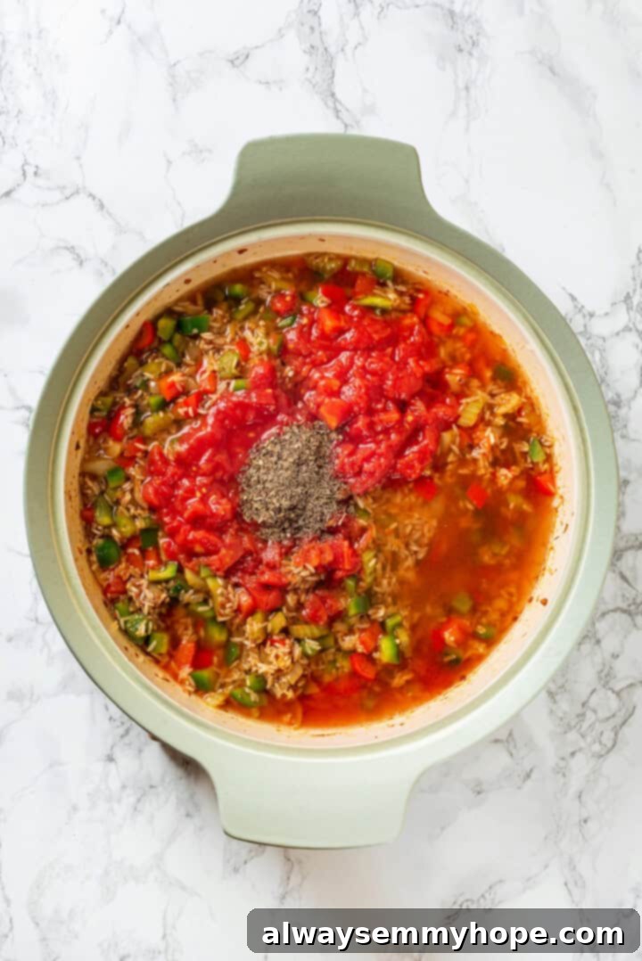 Vegan jambalaya recipe is comfort food Cajun style! With rice, veggies and plant-based sausage, this is a meal that’s flavourful and hearty. Overhead view of vegetable broth, dried herbs, and diced tomatoes added to the jambalaya mixture in a skillet